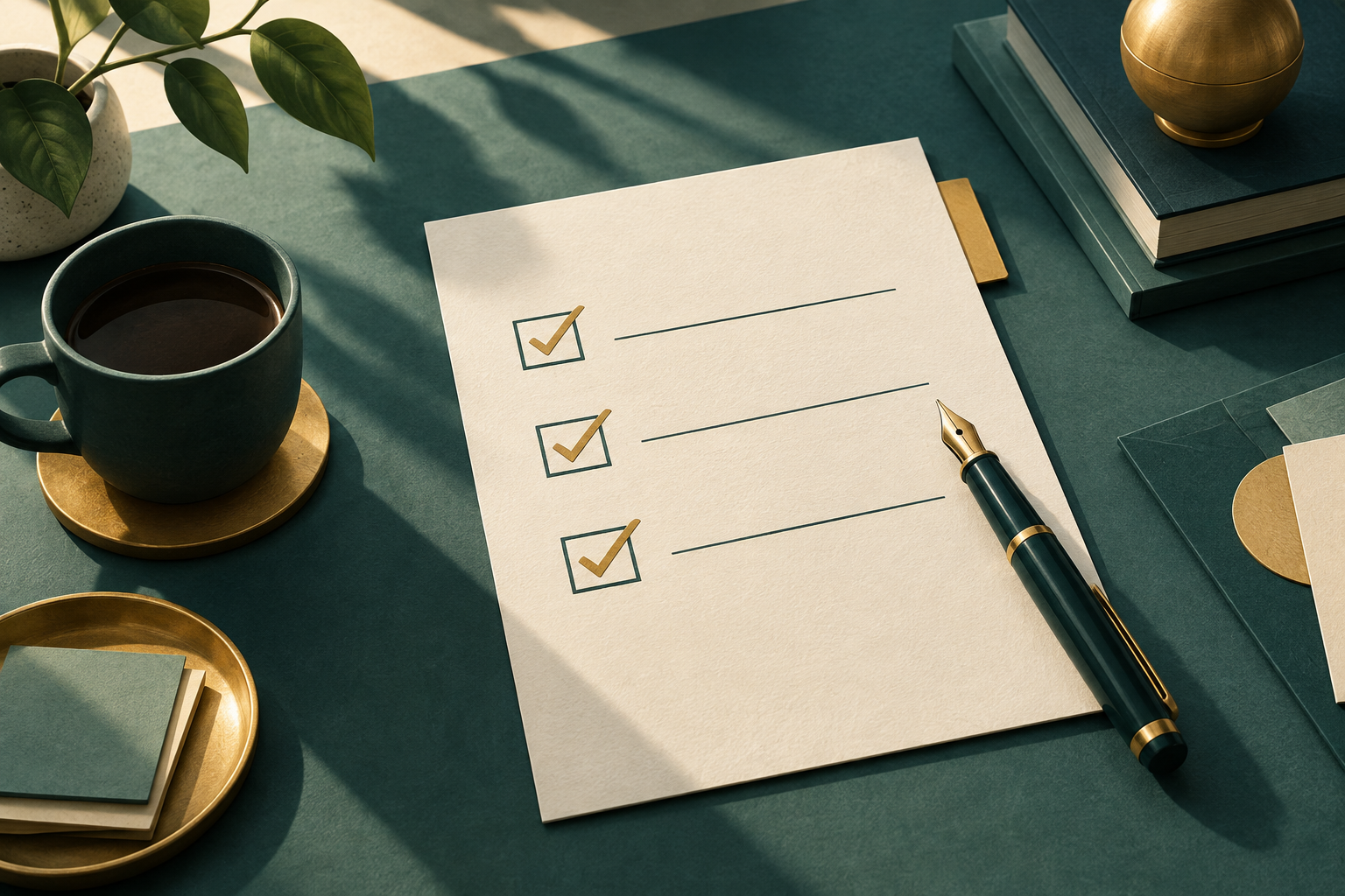 Illustrated review sheet with simple checkboxes and a pen on a teal desk